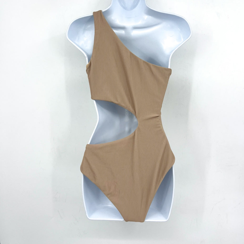 BEACH RIOT Women's Celine One Piece Swimsuit Medium Tan Cut Out One Shoulder NWT