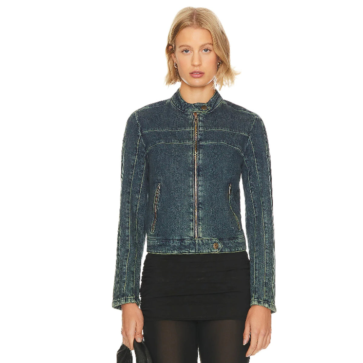 FREE PEOPLE x WE THE FREE Fast Lane Denim Moto Jacket Small Alchemy Blue NWT