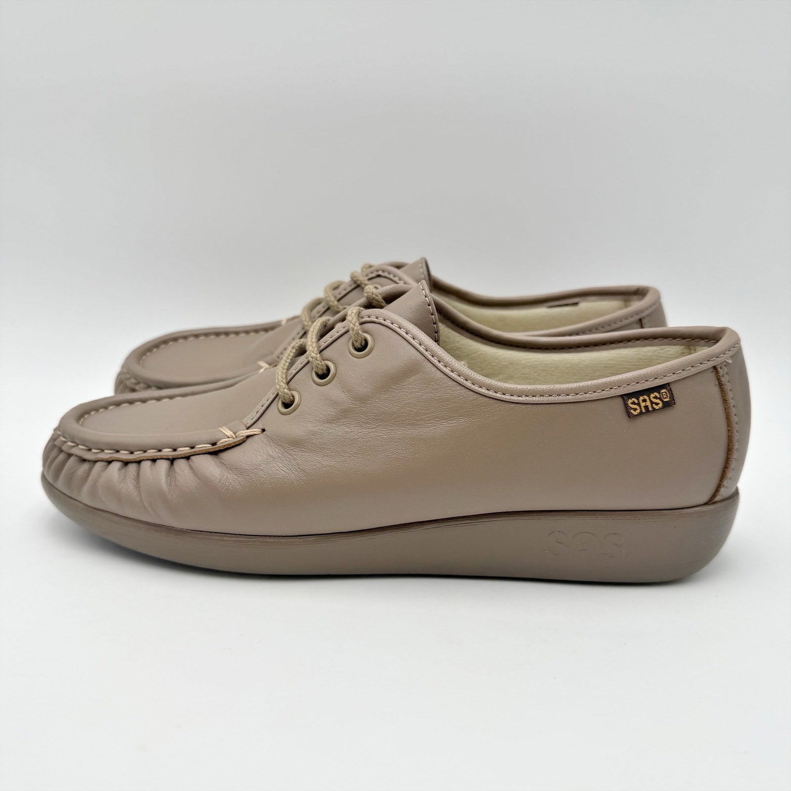 SAS Womens Siesta Comfort Tie Wedge Shoes US 7 M Mocha Tan Leather NIB
