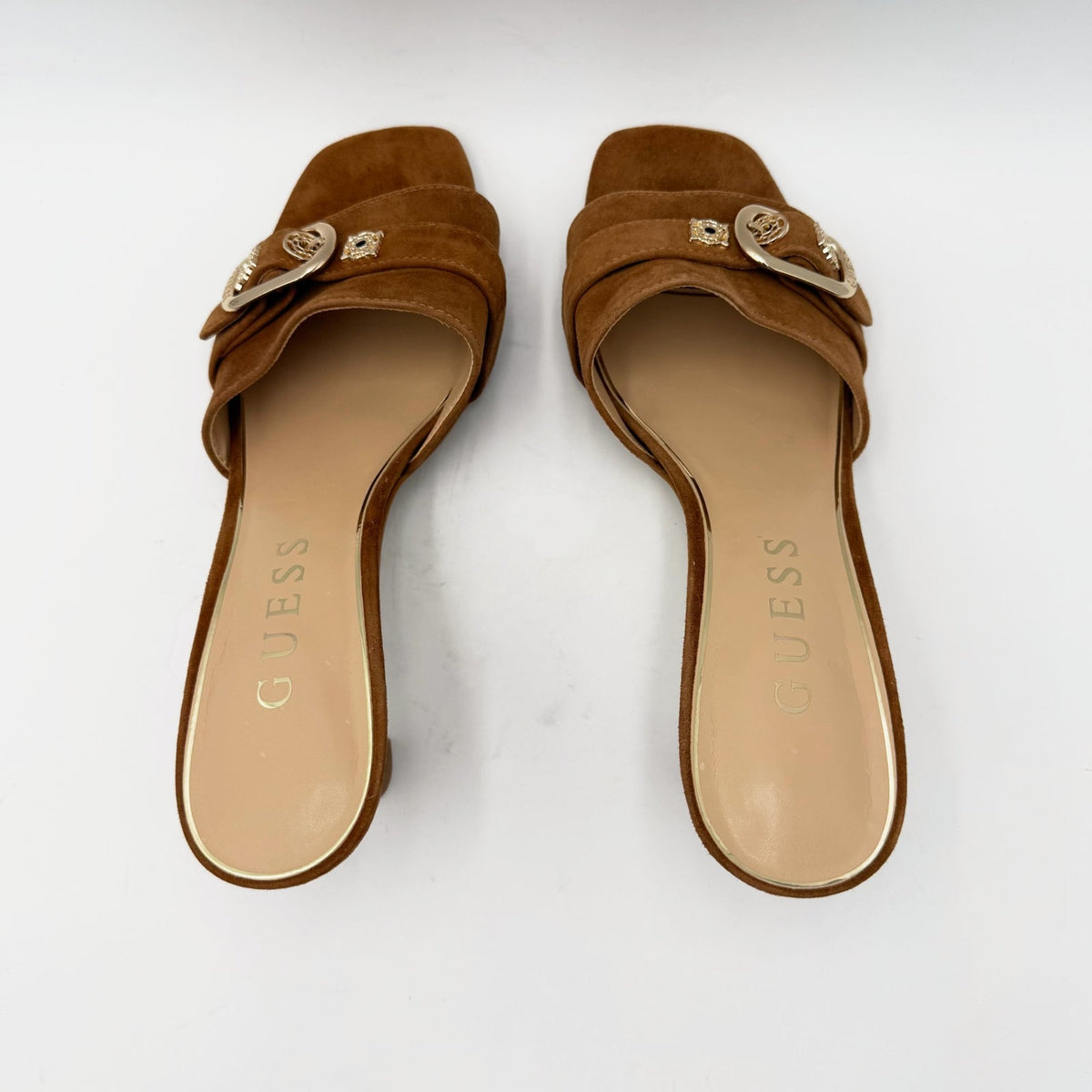 Guess Womens Dittara Kitten Heel Slide Sandals Size 10 Brown Cognac Suede NWOB