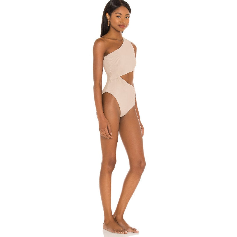 BEACH RIOT Women's Celine One Piece Swimsuit Medium Tan Cut Out One Shoulder NWT