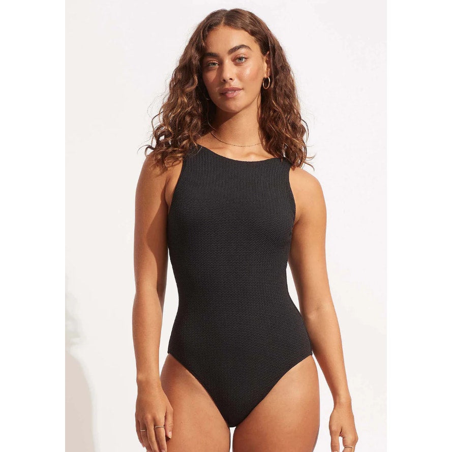 SEAFOLLY Sea Dive High Neck One Piece Swimsuit Size 6 Black Lace Back NWT
