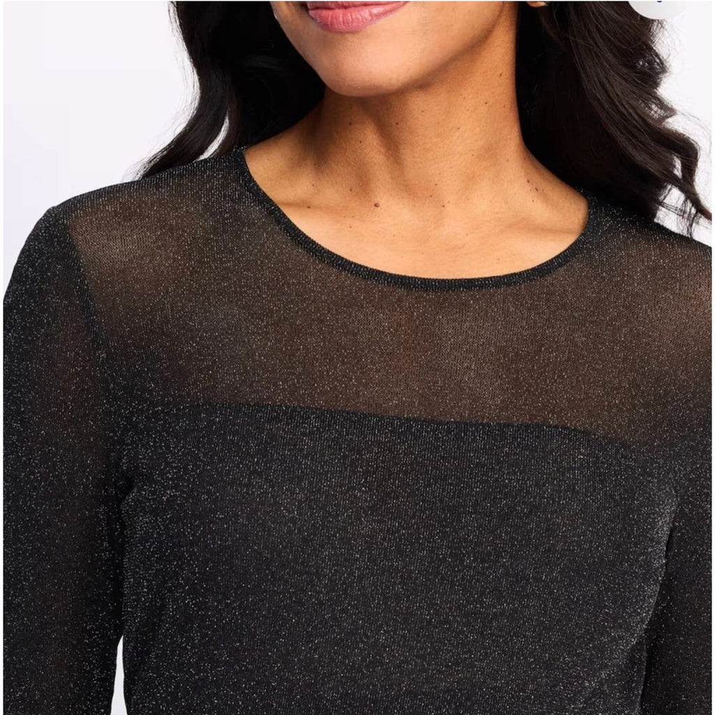 LES SEREIN Long Sleeve Glitter Mesh Sheer Top Small Black Silver Metallic NWT