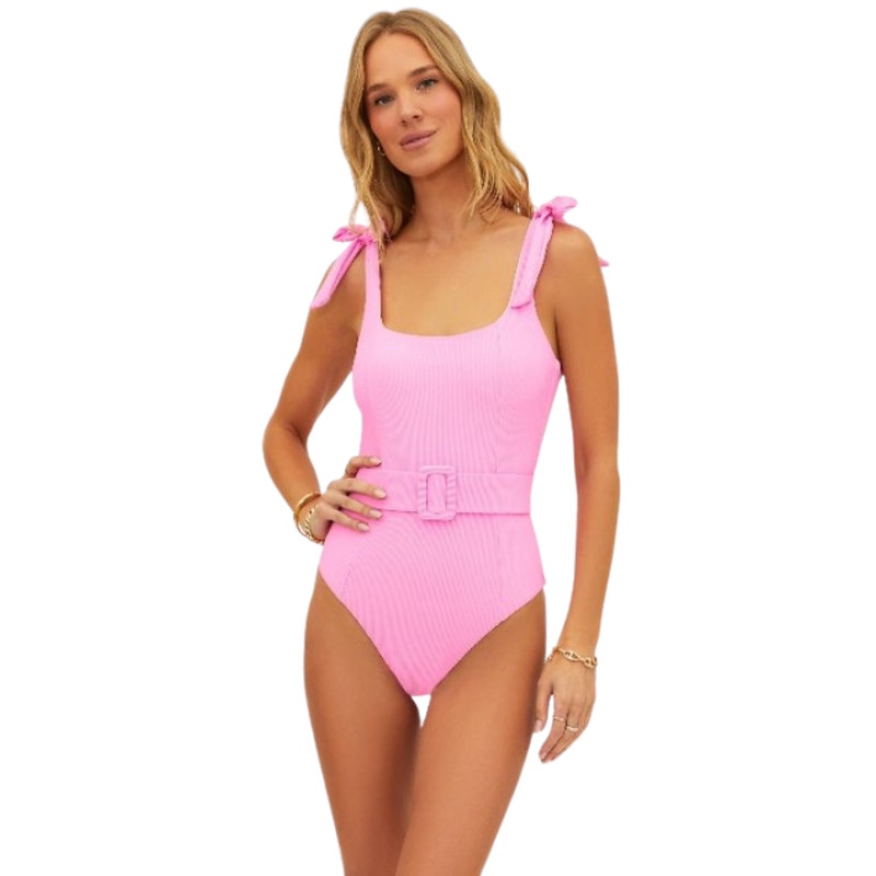 BEACH RIOT Women's Sydney Belted One Piece Swimsuit XS Prism Pink Ribbed NWT