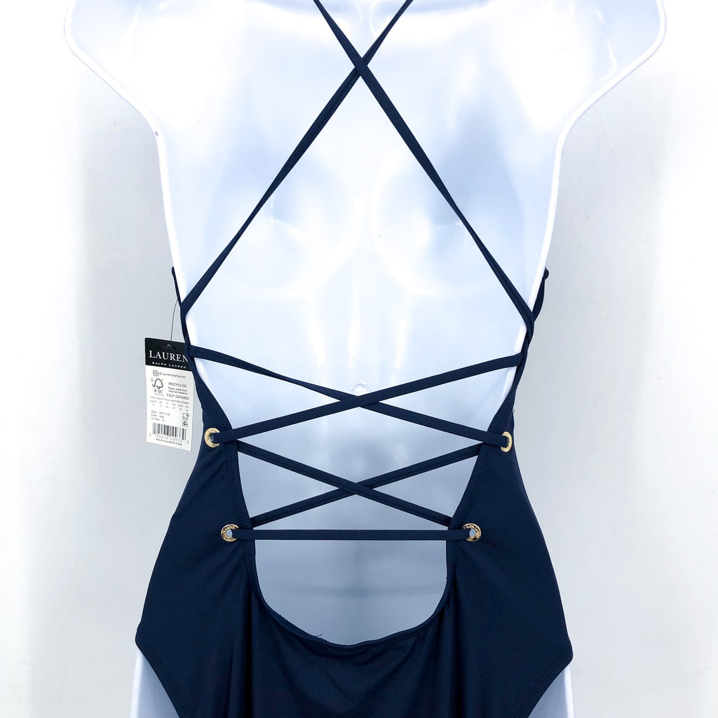 LAUREN RALPH LAUREN Strappy Plunge One-Piece Size 8 Blue Dark Navy Vneck NWT
