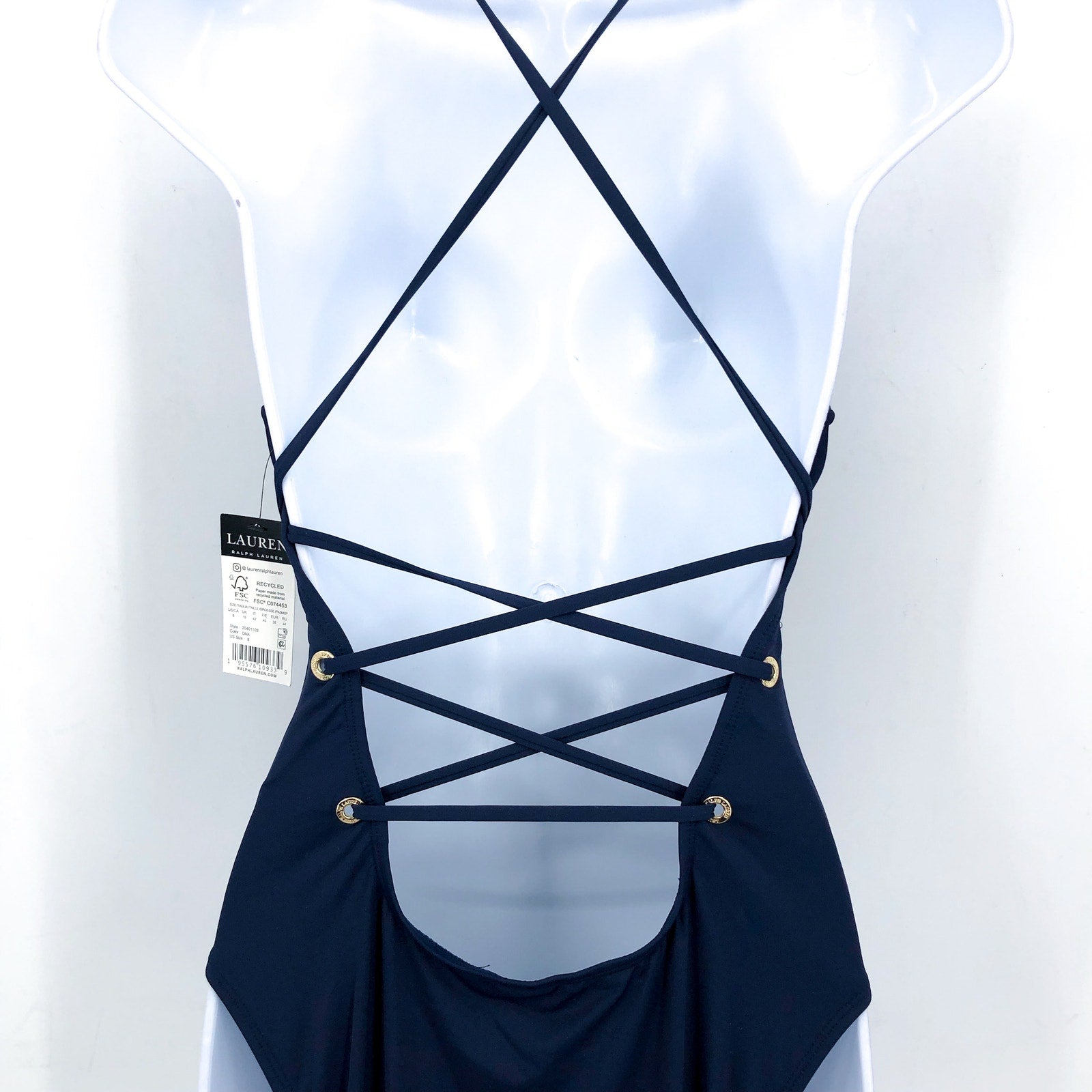 LAUREN RALPH LAUREN Strappy Plunge One-Piece Size 8 Blue Dark Navy Vneck NWT