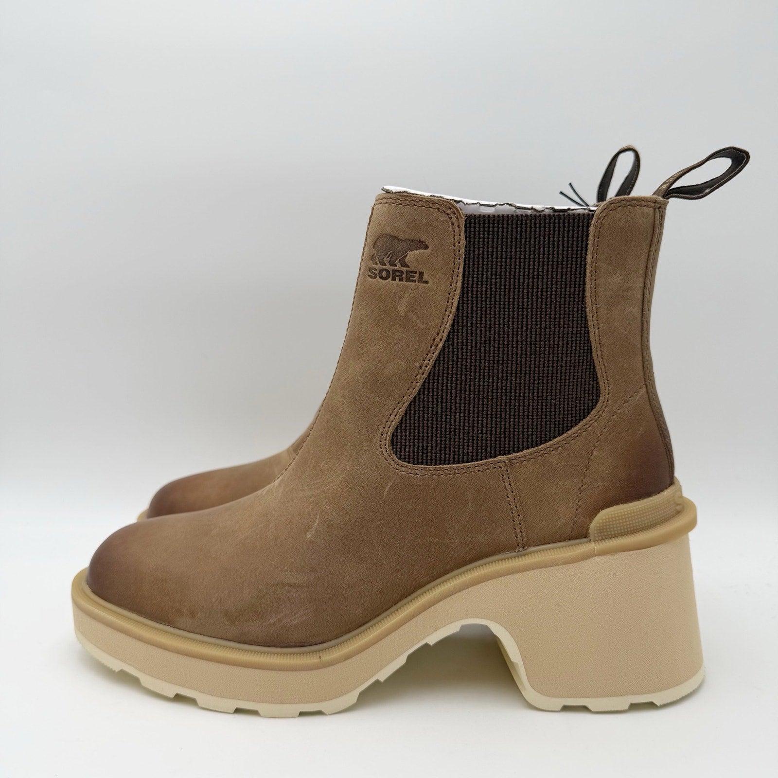 Sorel Womens Hi-Line Heel Chelsea Boot US 8 Taupe Tan Leather Waterproof NIB