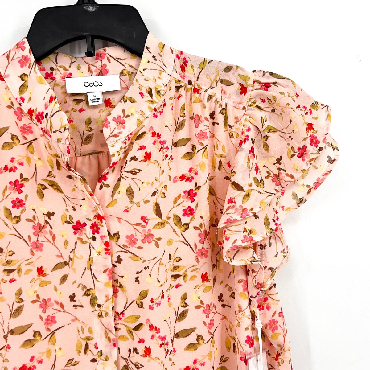 CECE Women's Placket Blouse Medium Pink Floral Double Flutter Short Sleeves NWT