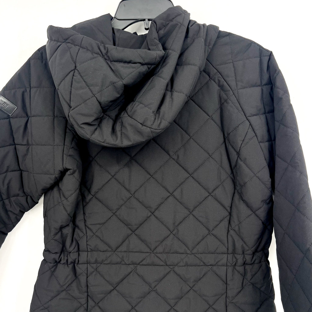 DKNY Womens Diamond Quilted Jacket XS Black Hooded Mid-Length NWT