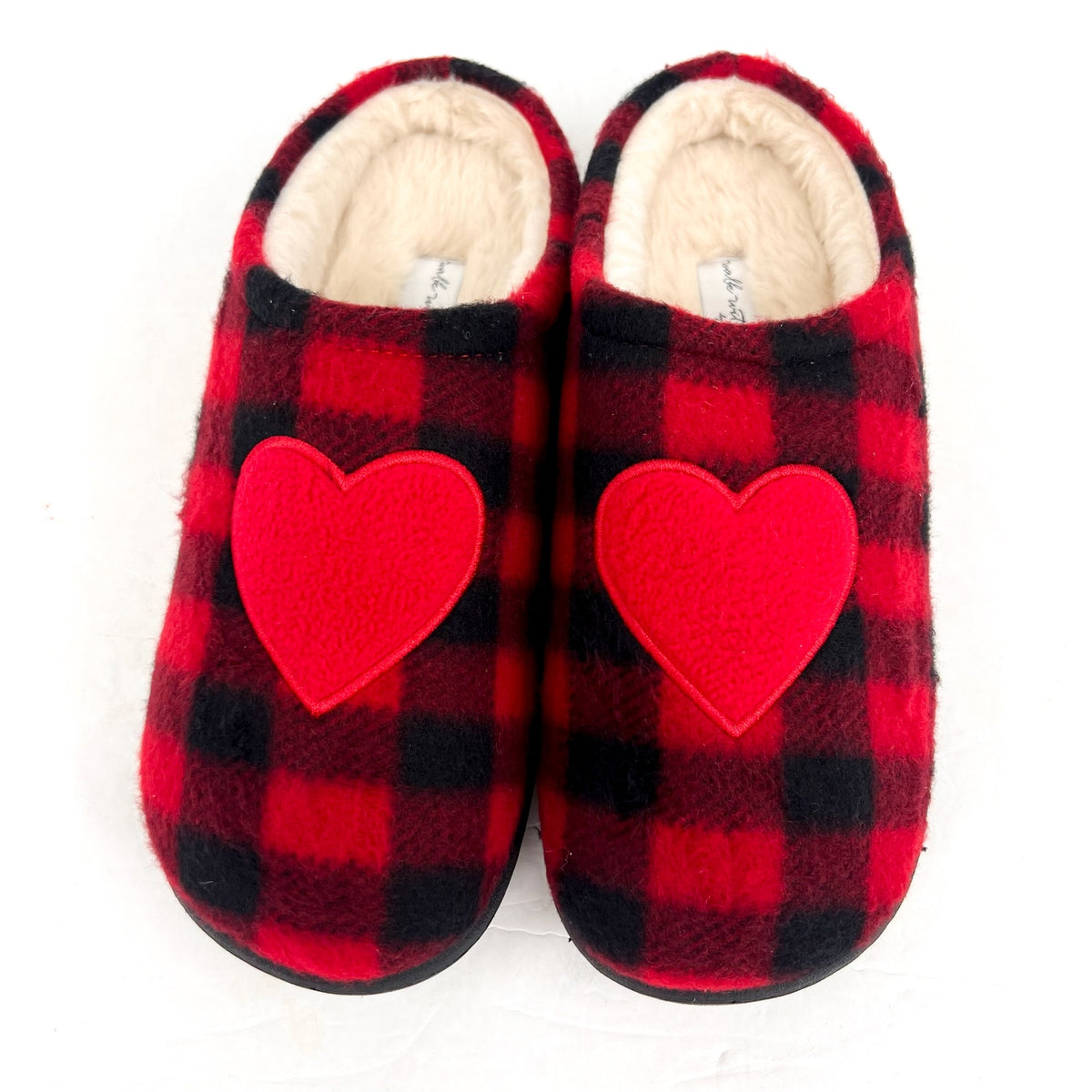 COLDWATER CREEK Women's Faux Fur Heart Slip On Clogs 10M Red Buffalo Plaid NIB