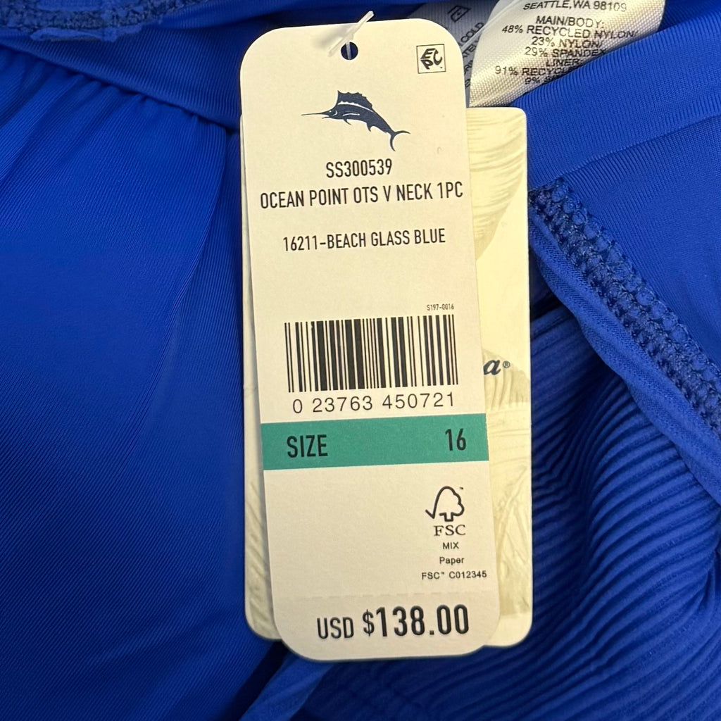 TOMMY BAHAMA Ocean Point One-Piece Swimsuit Size 16 Blue Over-the-Shoulder NWT