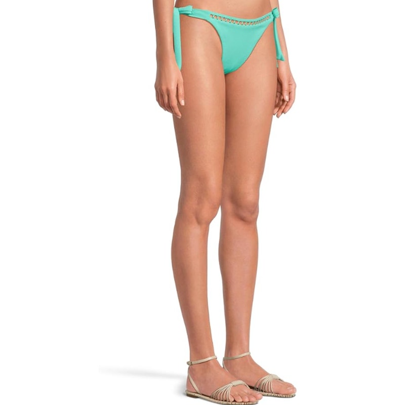 BECCA Modern Edge Demi Bikini Bottom Medium Aqua Sea Green Side Tie Ribbed NWT
