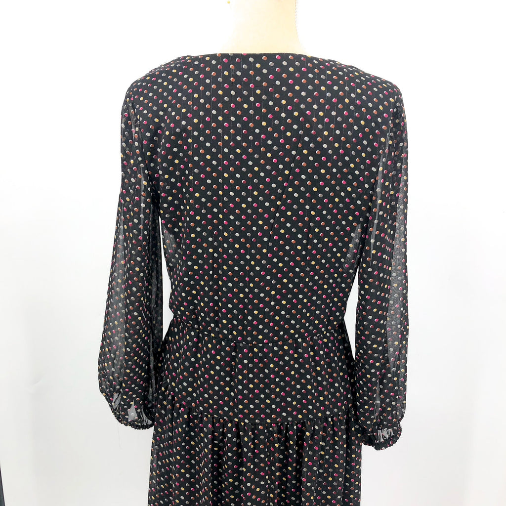 SIGNATURE BY ROBBIE BEE Faux Wrap Dress 10 Black Multi Polka Dot 3/4 Sleeve NWT