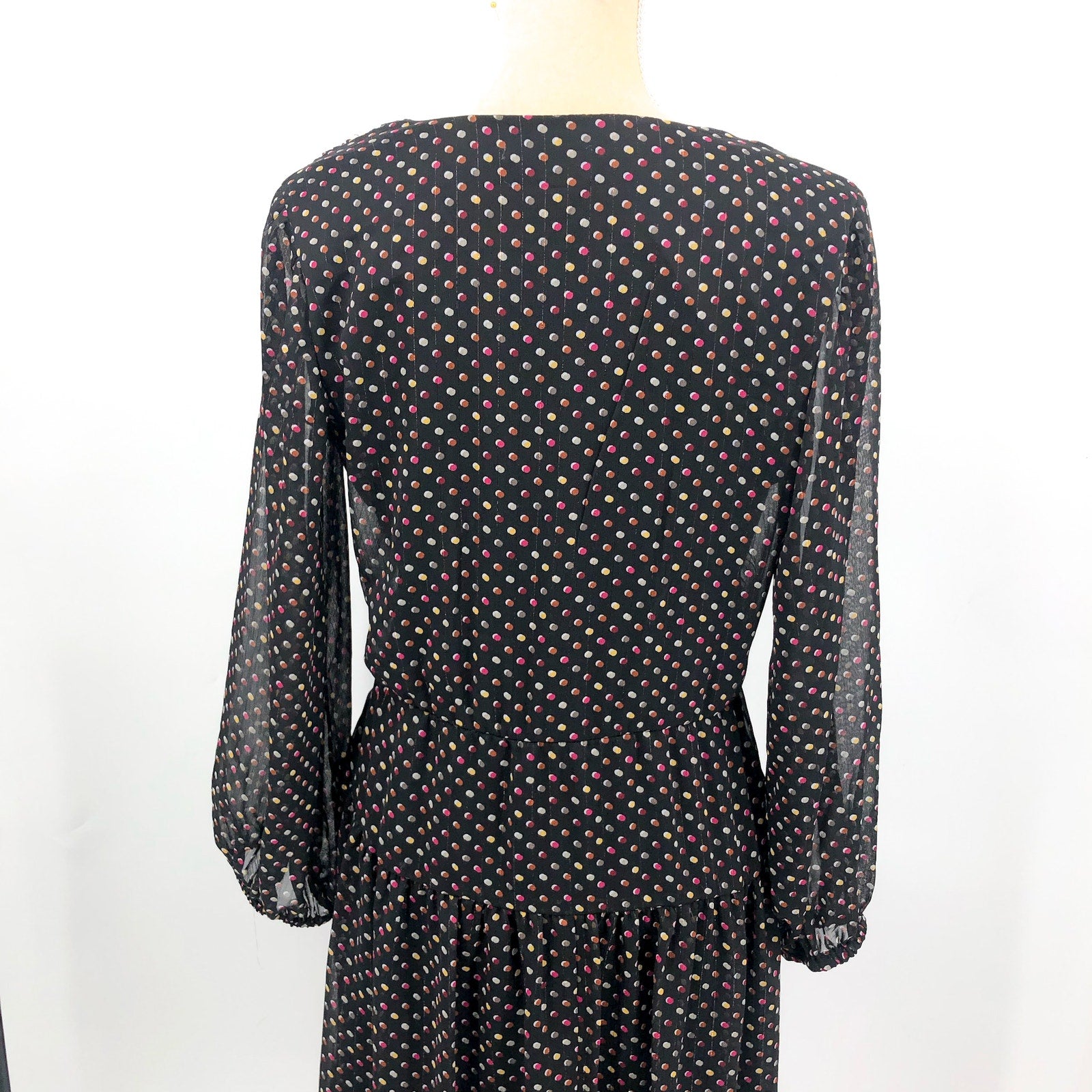 SIGNATURE BY ROBBIE BEE Faux Wrap Dress 10 Black Multi Polka Dot 3/4 Sleeve NWT