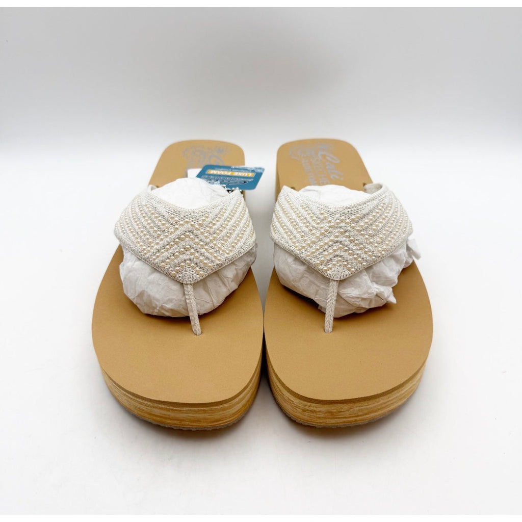 Skechers Women's Summers Mid Wedge Thong Sandals Size 10 EU 40 Off White Tan NIB