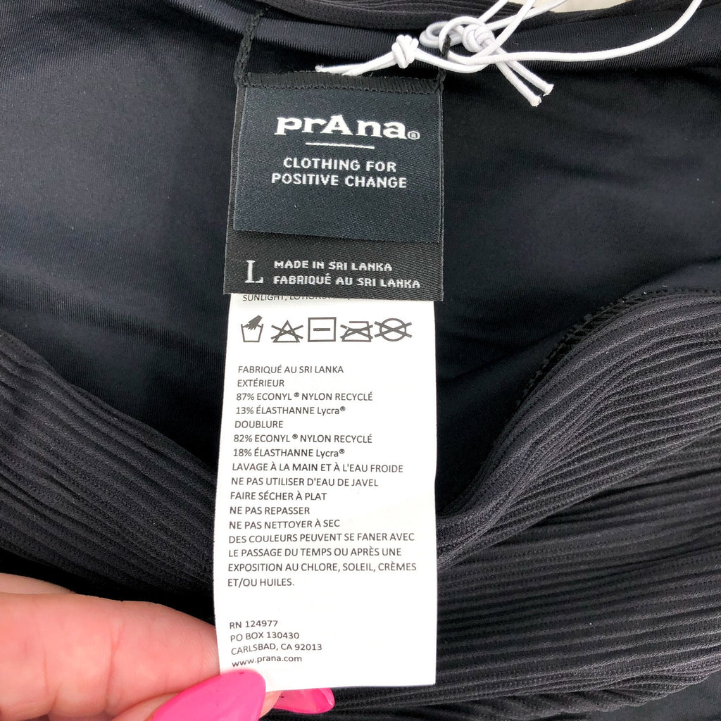 PRANA Women's Marta Bikini Bottom Large Black Ottoman Ribbed Fold Over Band NWT