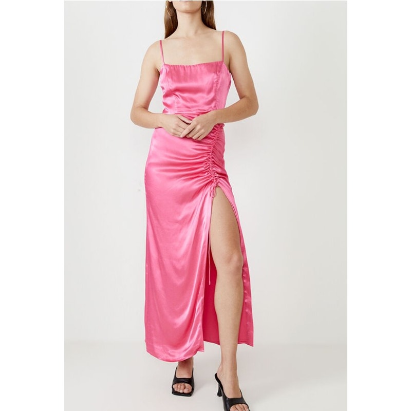 BARDOT Women's Zadie Midi Dress XS US 4 Raspberry Pink Satin Ruched NWT