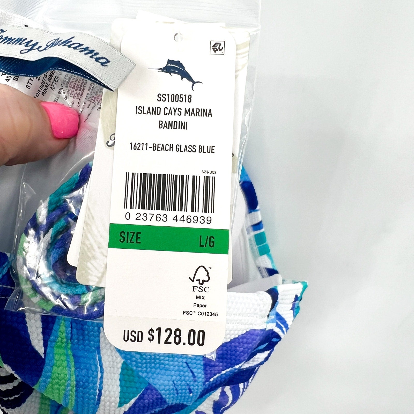 TOMMY BAHAMA Marina Bandeau Tankini Top Large Beach Glass Blue Island Cays NWT
