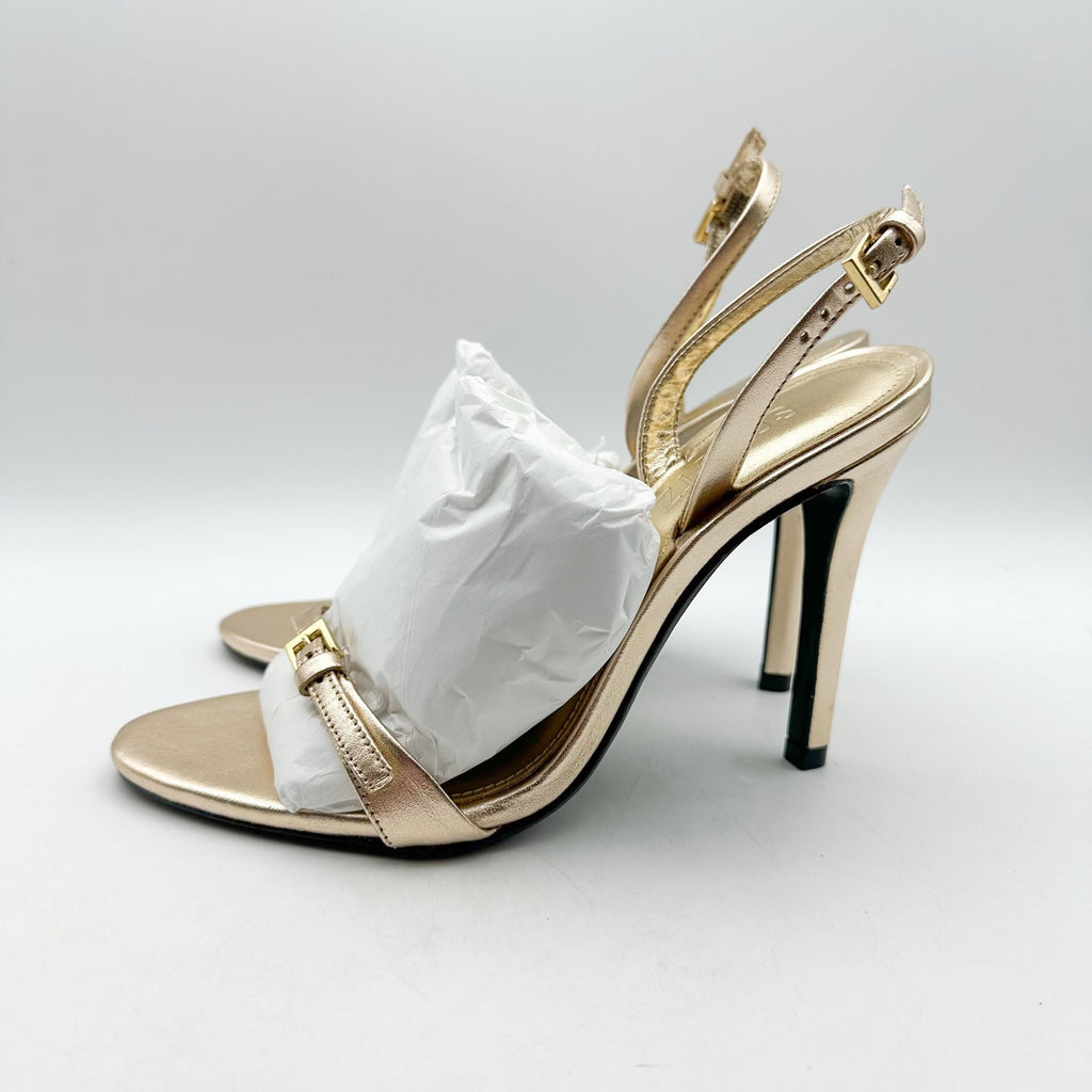 SCHUTZ Womens Aurora Sling Heeled Sandals Size 7.5 Platina Gold Stiletto NWOB
