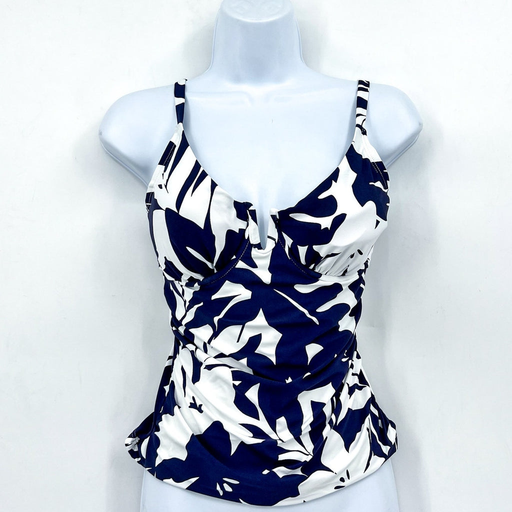 ANNE COLE Womens Tankini Swim Top 32DD - 34D Blue White Coastal Palms V-Wire NWT