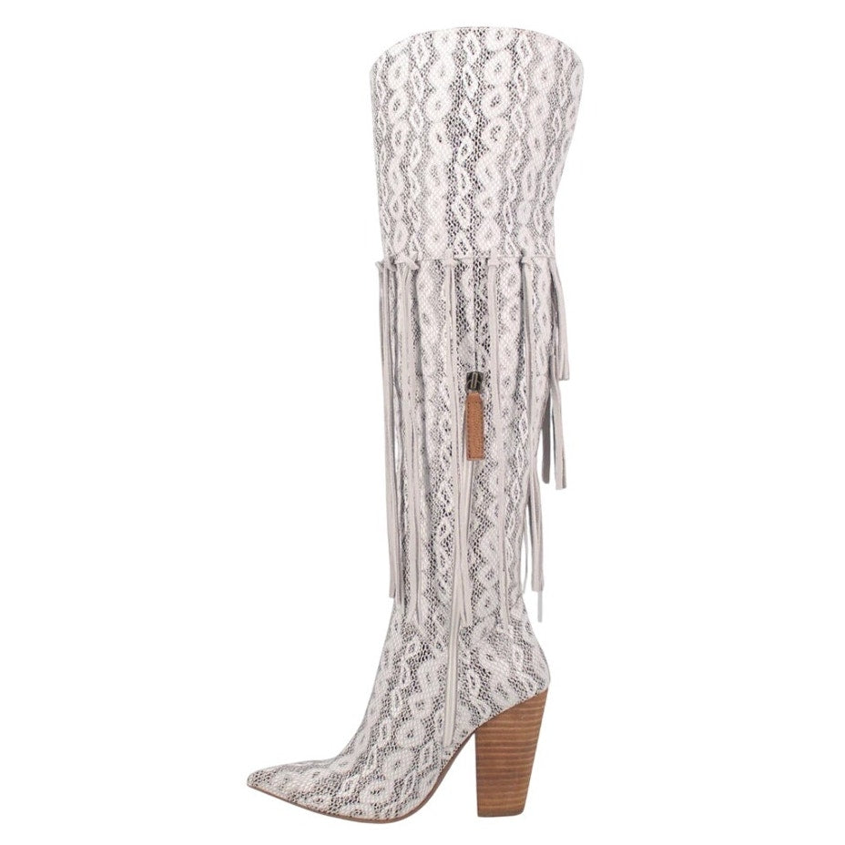 DINGO Womens Kitty Kat Fringe Snake Snip Toe Cowboy Boots US 8.5M White