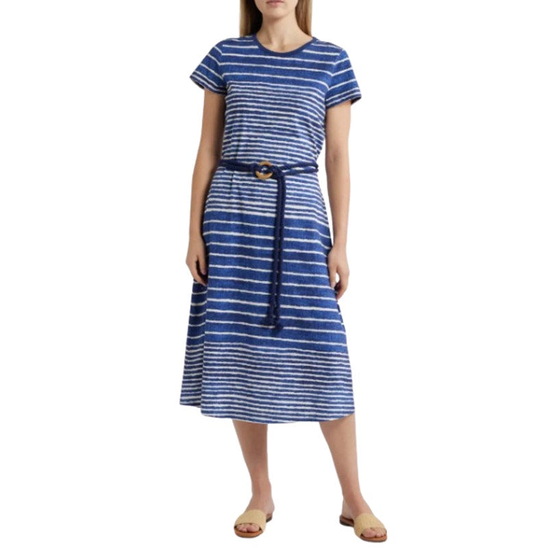 TOMMY BAHAMA Coastal Chalet Midi Dress Small Blue White Stripe Belt Knit NWT