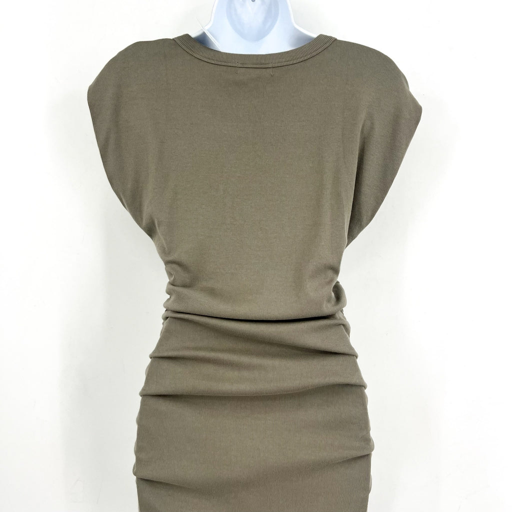 MICHAEL STARS Ricci Power Shoulder Dress Small Olive Green Short Sleeve NWT