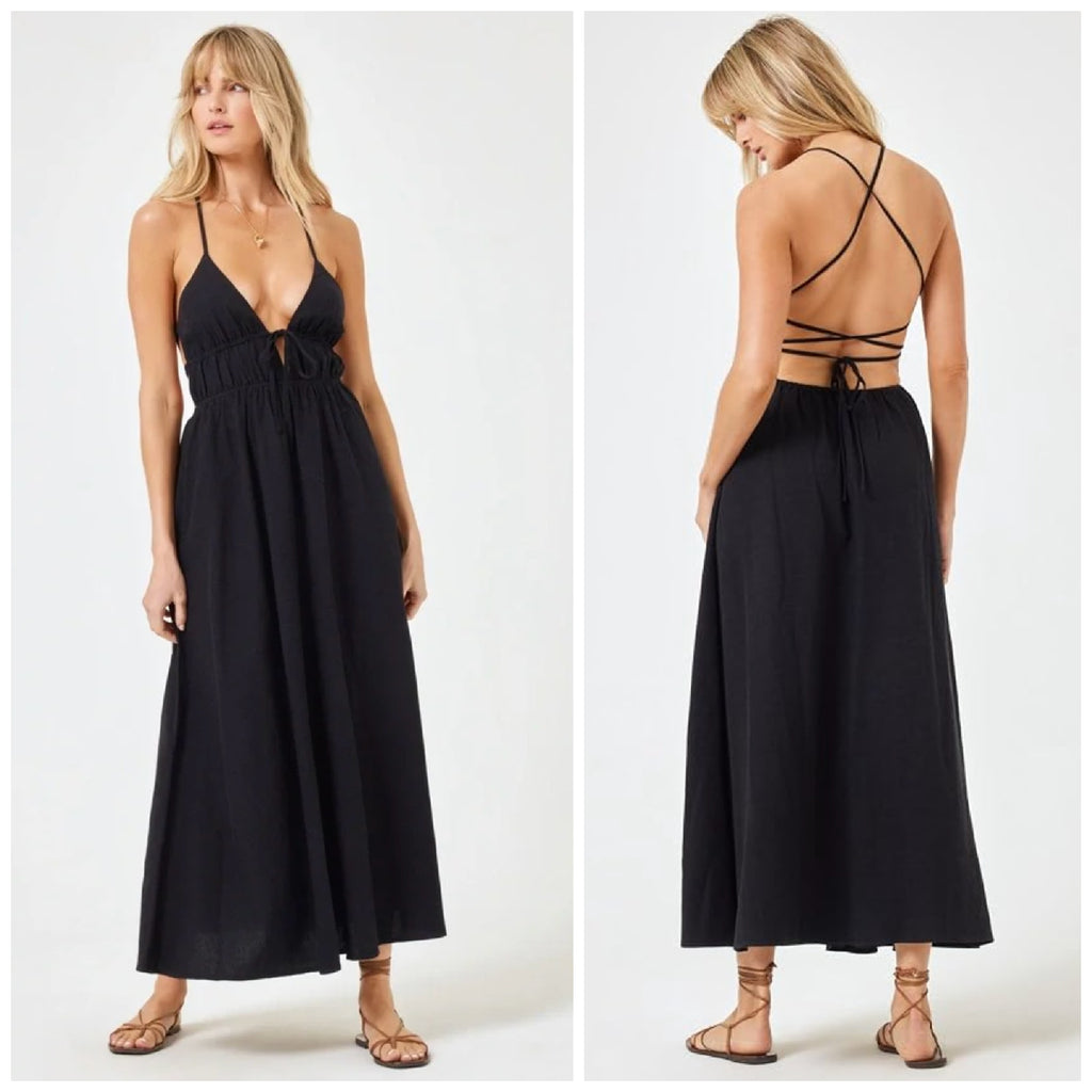 L*SPACE Women's Playa Vista Maxi Dress Medium Black Criss-Cross Linen Cotton NWT