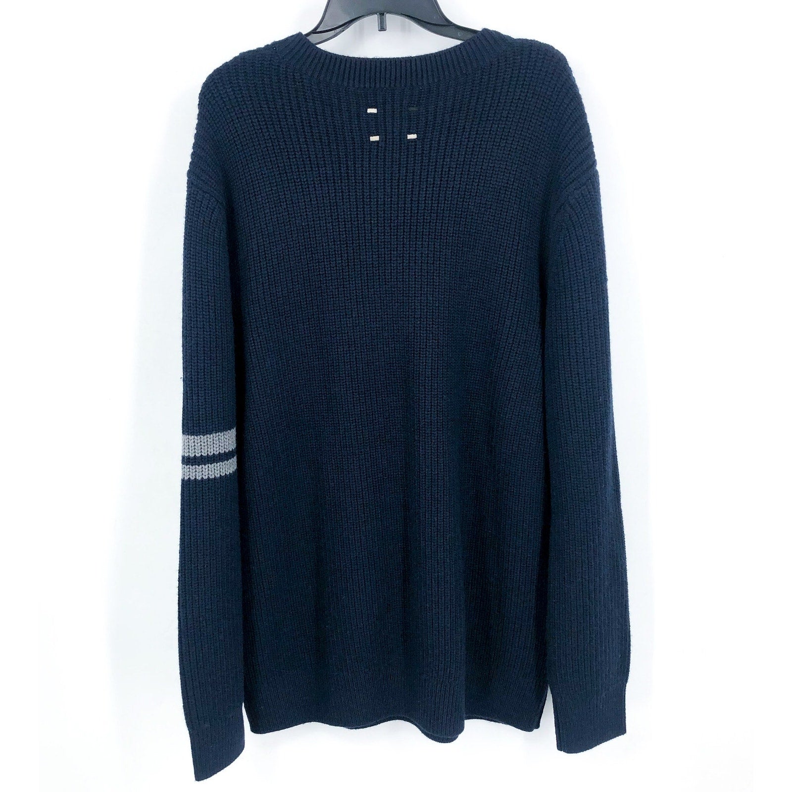 LABEL Men's Go-To Sweater Large Navy Blue Light Grey Crewneck Merino Wool NWT