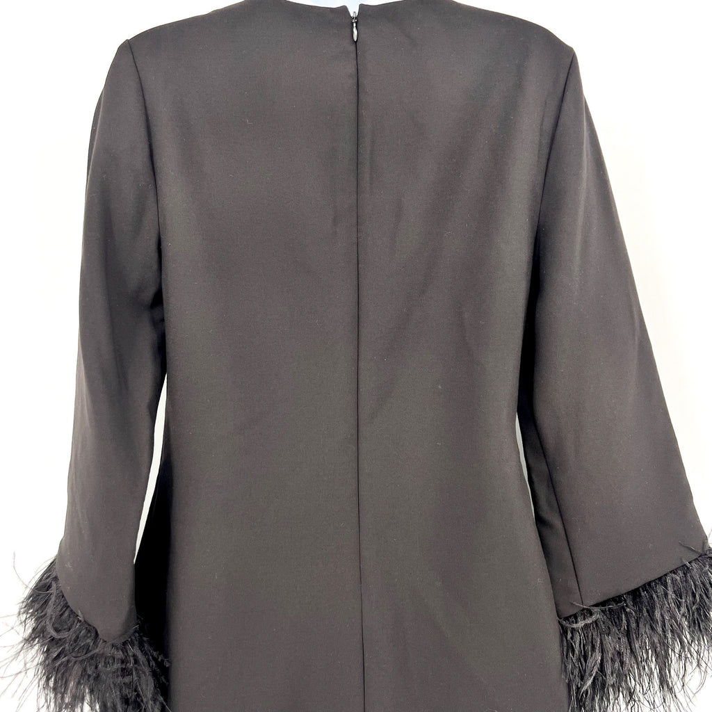 LIKELY Womens Marullo Feather Trim Mini Dress Size 4 Black Long Sleeve Shift NWT