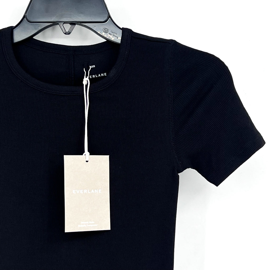 EVERLANE Women's The Luxe Rib Crew Tee XXS Black Short Sleeve Supima Cotton NWT