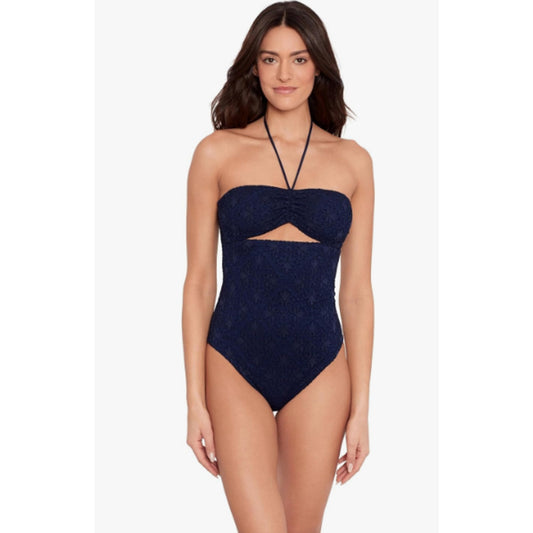 LAUREN RALPH LAUREN One Piece Swimsuit Size 10 Navy Blue Crochet Bandeau NWT