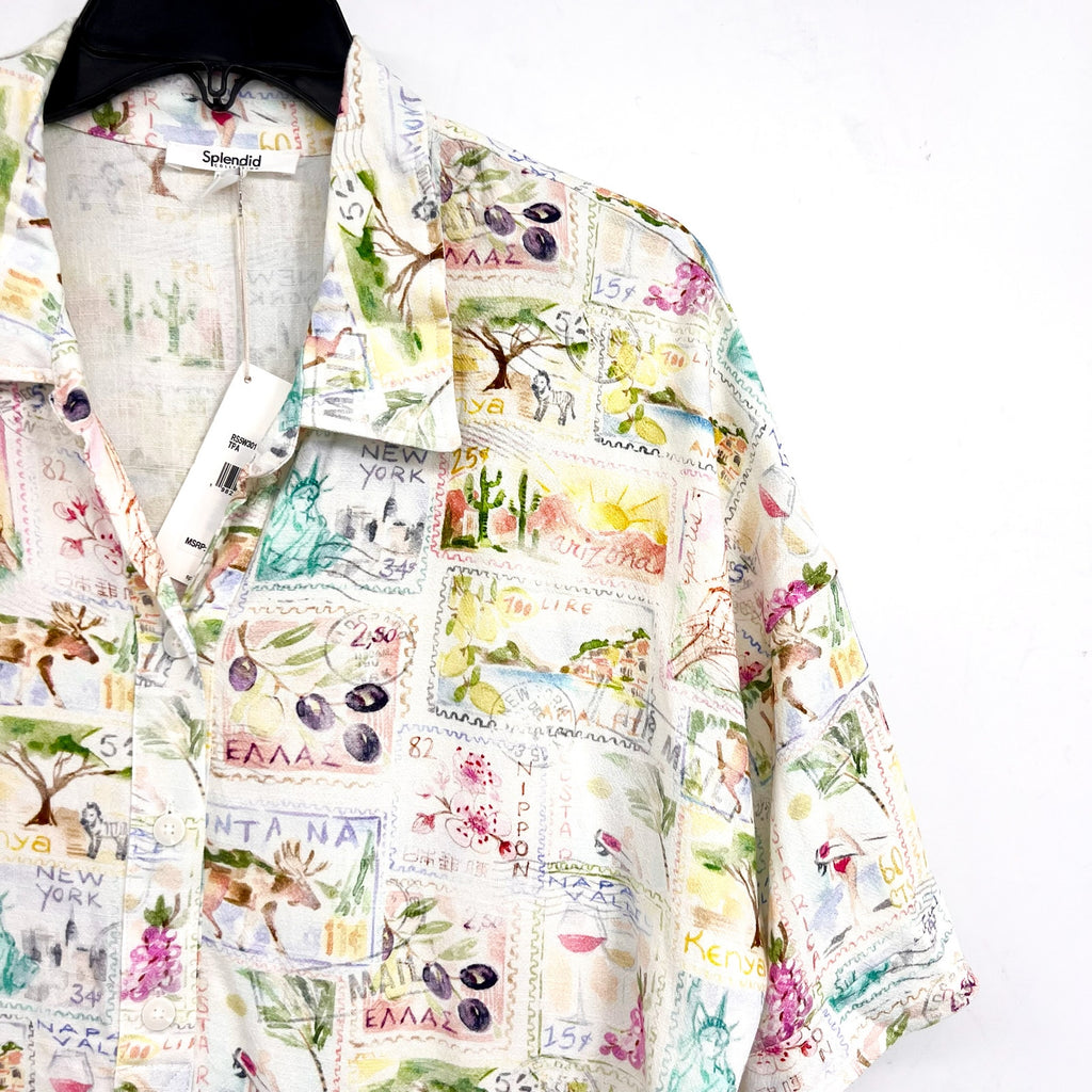 SPLENDID Women's Coastal Postcard Top Medium White Print Linen Blend Blouse NWT
