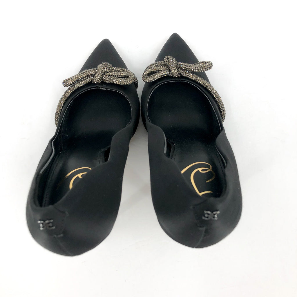 SAM EDELMAN Women's Deela Rhinestone Bow Pumps 9M Black Satin Pointed Toe