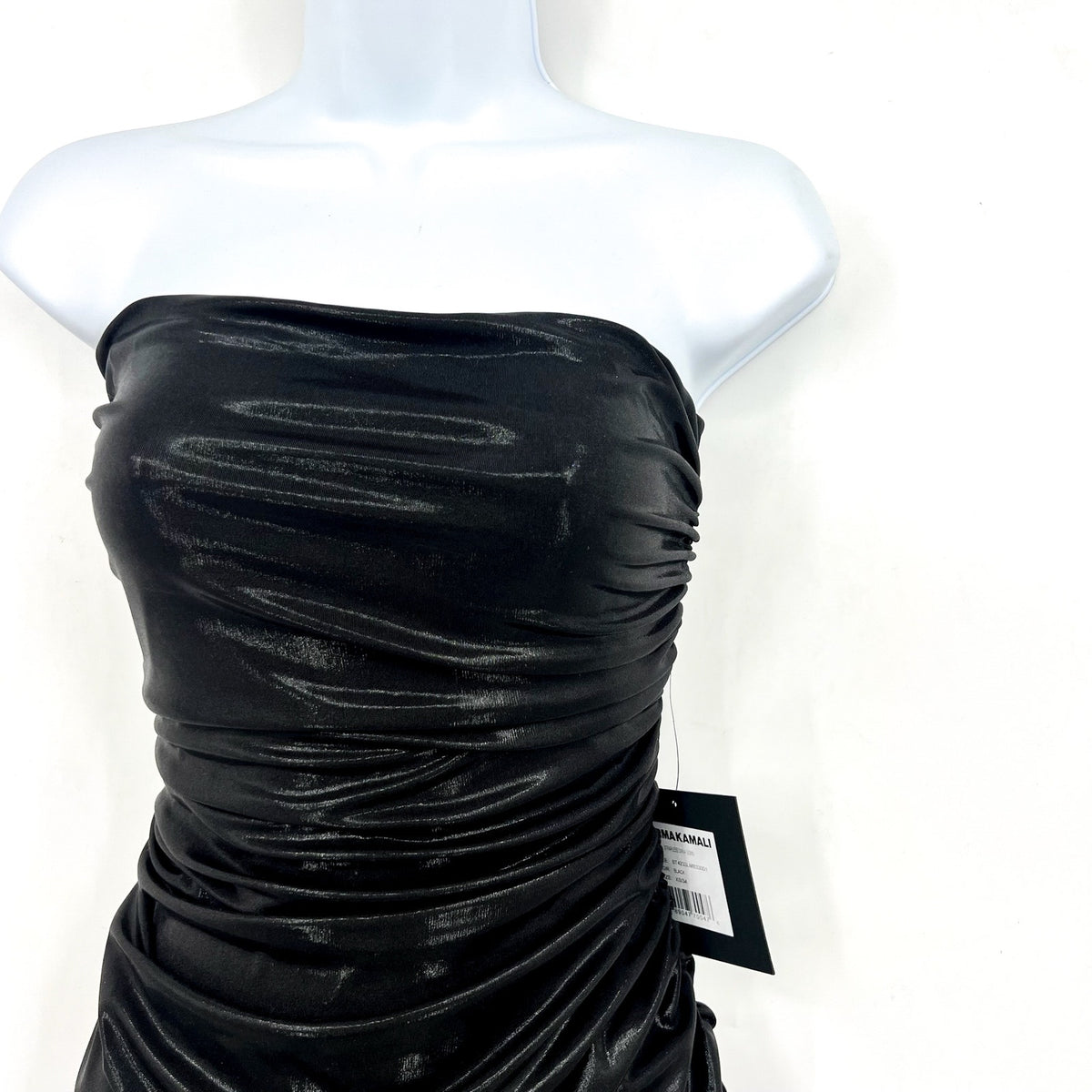 NORMA KAMALI Diana Strapless Midi Dress XS 34 Black Metallic Ruched Stretch NWT