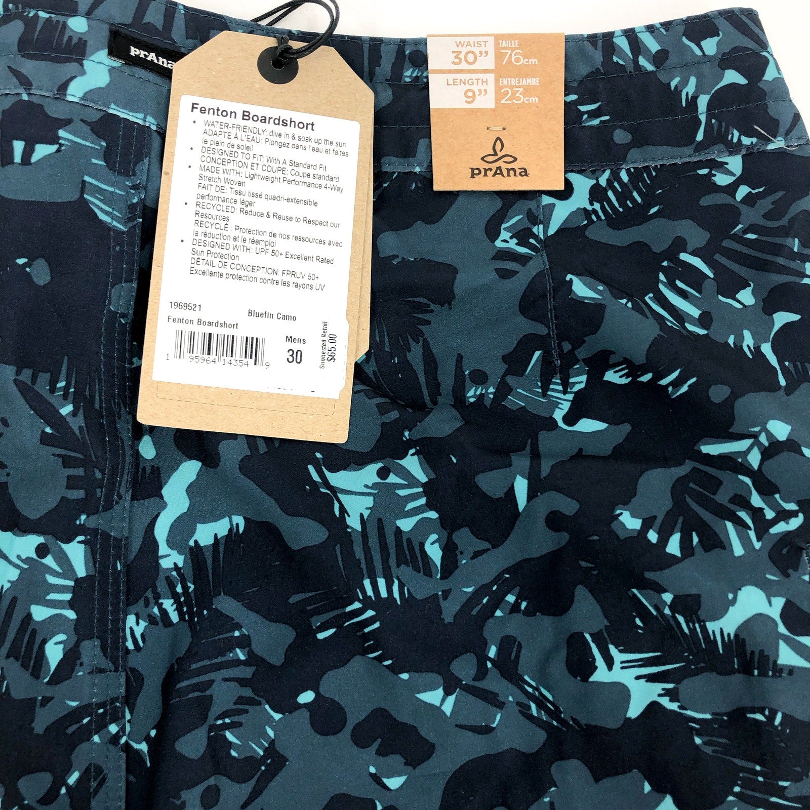 PRANA Men's Fenton Board Shorts Size 30 Small Bluefin Camo 9" Inseam UPF 50+ NWT