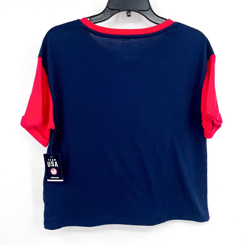 FANATICS Womens Team USA Circle Badge Cropped T-Shirt LARGE Navy Blue Red NWT