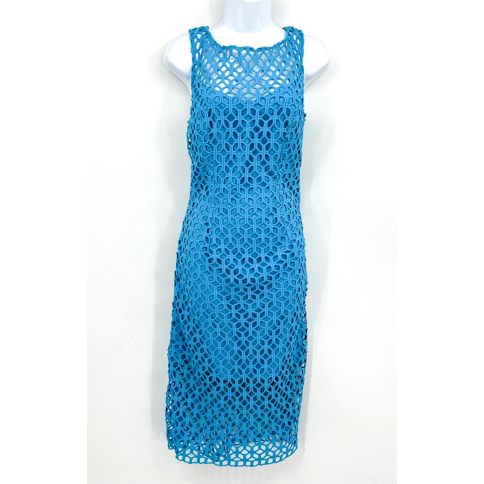 TRINA TURK Eleanor Midi Sheath Dress Size 6 Blue Grotto Crochet Sleeveless NWT