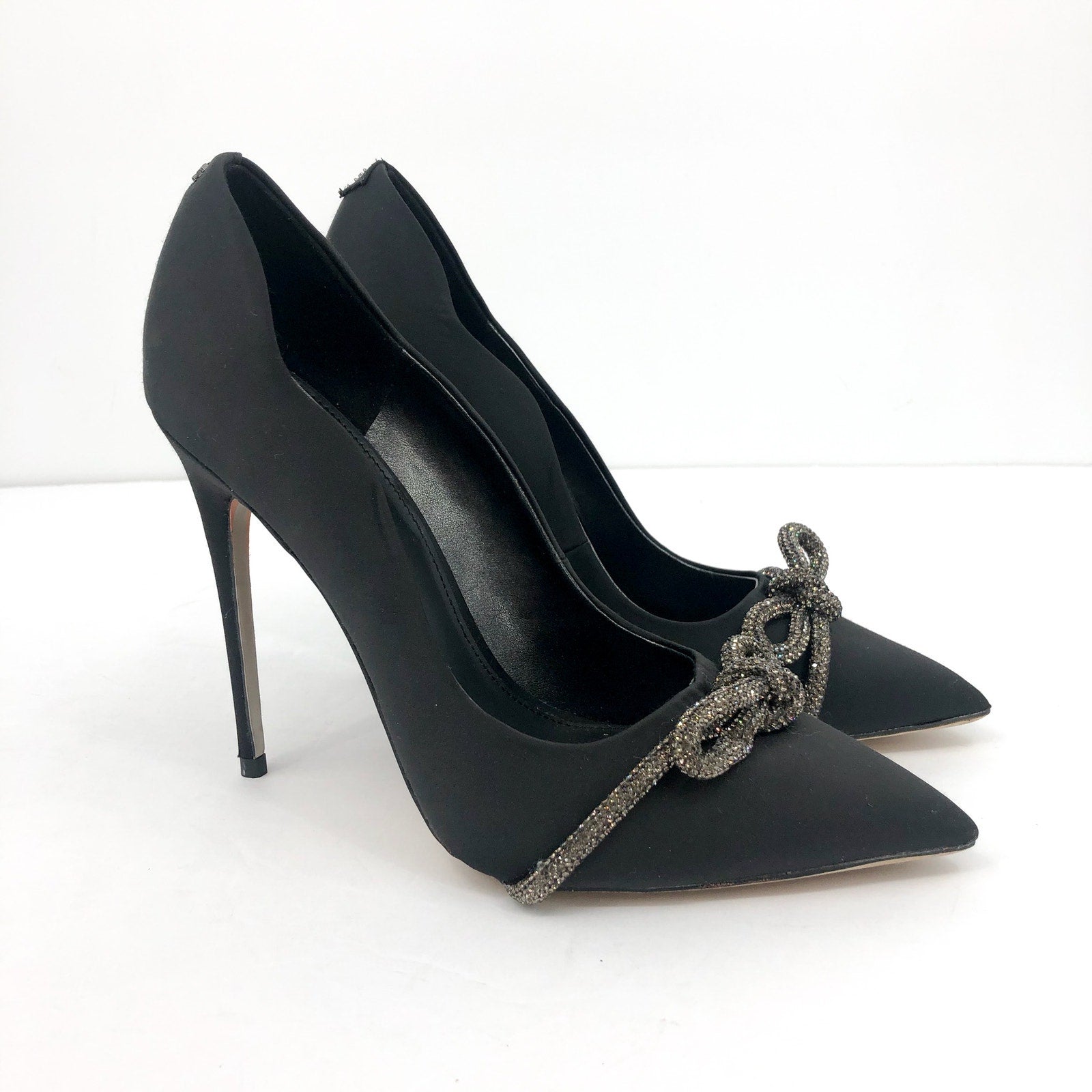 SAM EDELMAN Women's Deela Rhinestone Bow Pumps 9M Black Satin Pointed Toe