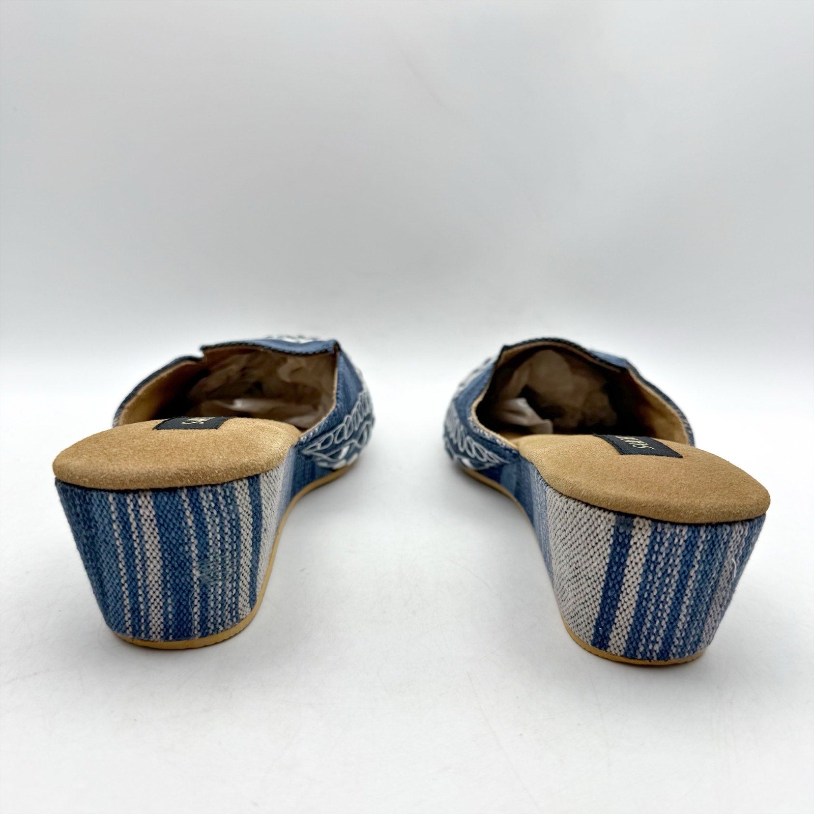 Saachi Womens Denim Wedge Mules US 11 Blue Silk Embroidered NWOB