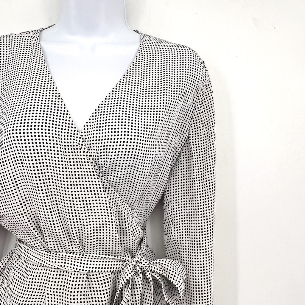 EQUIPMENT Women's Cenna Wrap Blouse Medium White Black Polka Dot Silk NWT