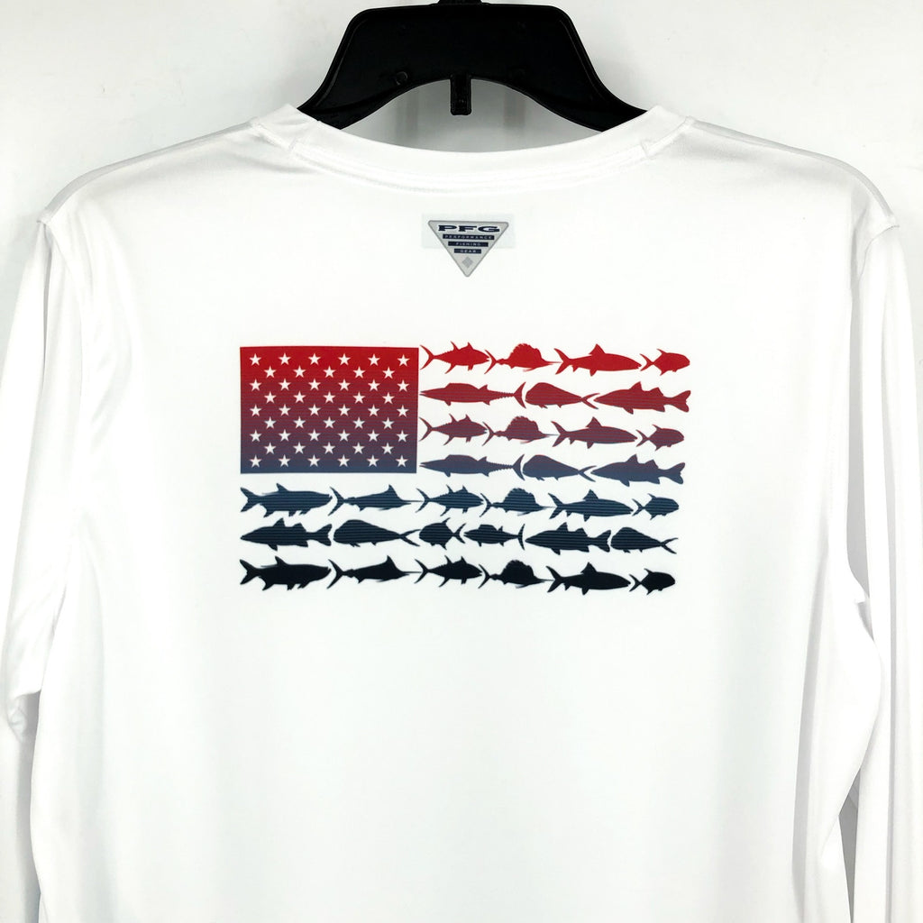 COLUMBIA Women's Tidal Tee PFG Fish Flag T-Shirt Large White USA Long Sleeve NWT