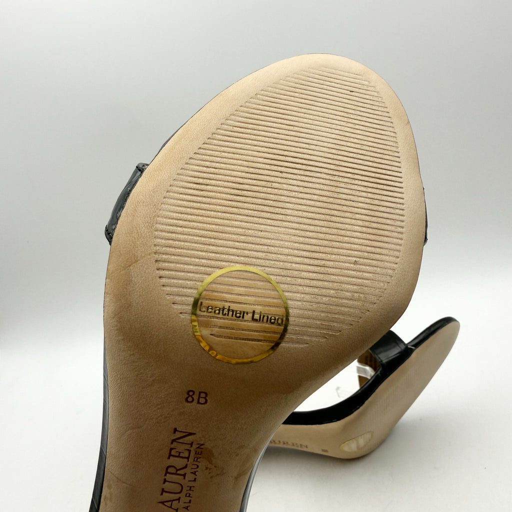 Ralph Lauren Womens Allie Heel Sandals US 8 Black Crocodile-Embossed Leather NIB