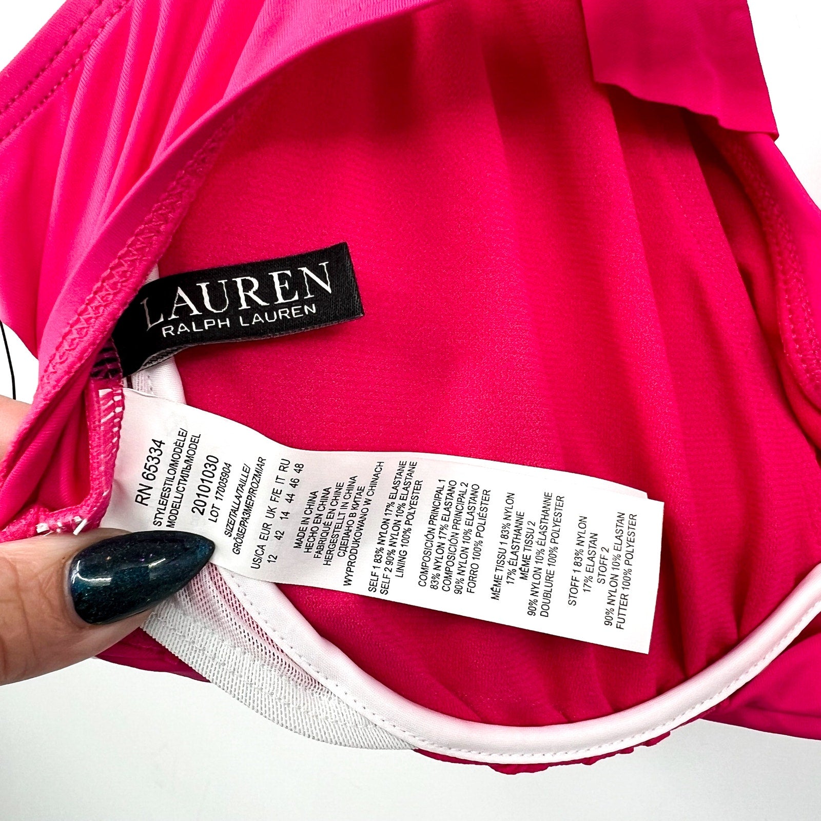LAUREN RALPH LAUREN Ruffle Bikini Top US 12 Pink Underwire Beach Club Solids NWT