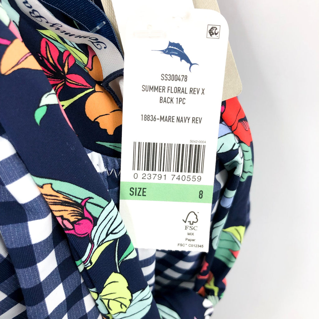 TOMMY BAHAMA Summer Floral Reversible One Piece Swimsuit Size 8 Mare Navy NWT