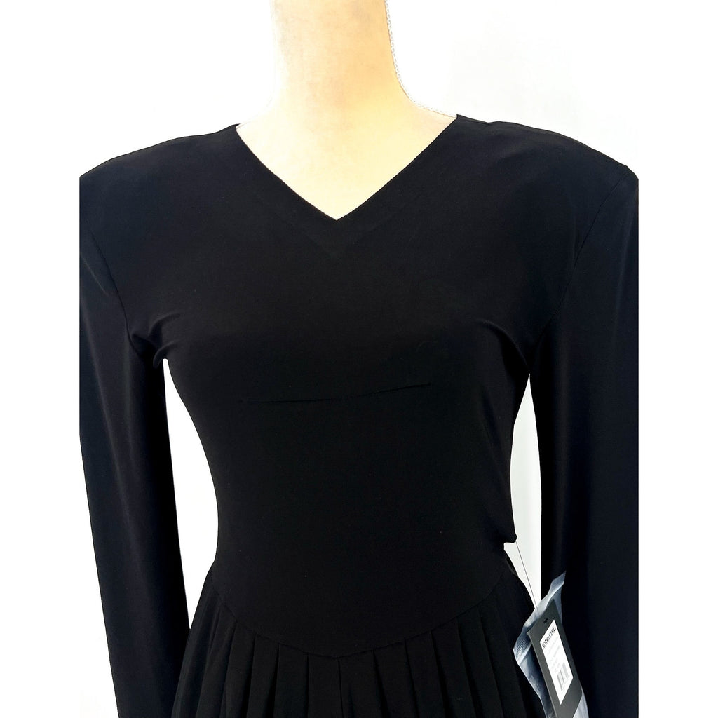 NORMA KAMALI Shoulder Pad Waterfall Dress XS/34 Black V Neck Stretch LS NWT
