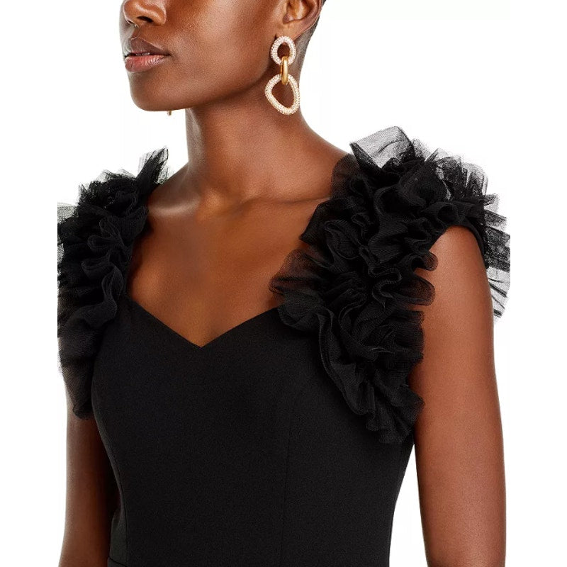 AQUA FORMAL Women's Long Scuba Crepe Dress Size 10 Black Ruffle Shoulder NWT