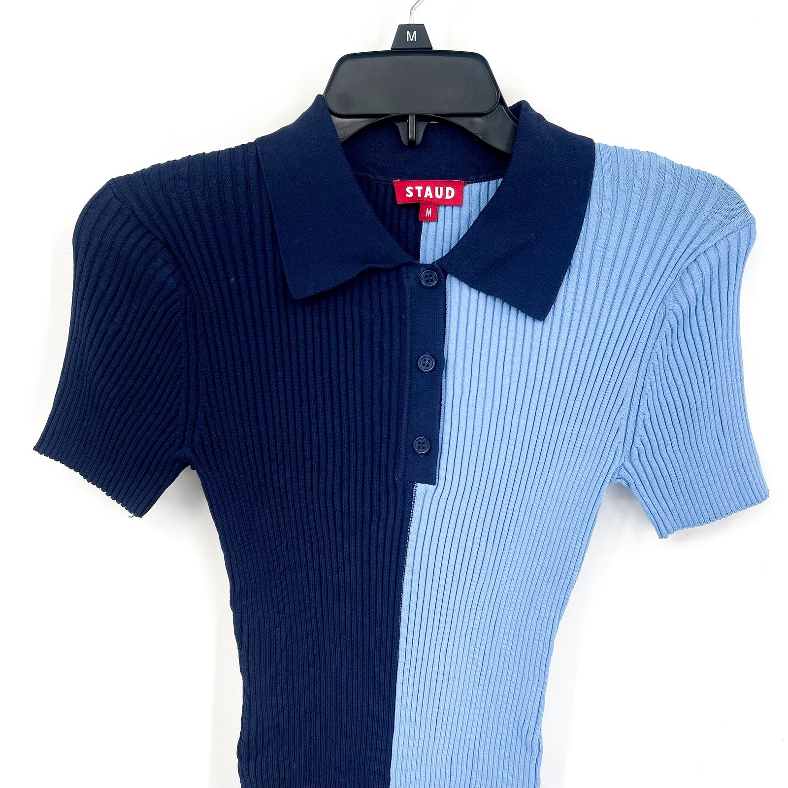 STAUD Women's Brice Bicolor Polo Shirt Medium Blue Colorblock Ribbed Knit NWOT