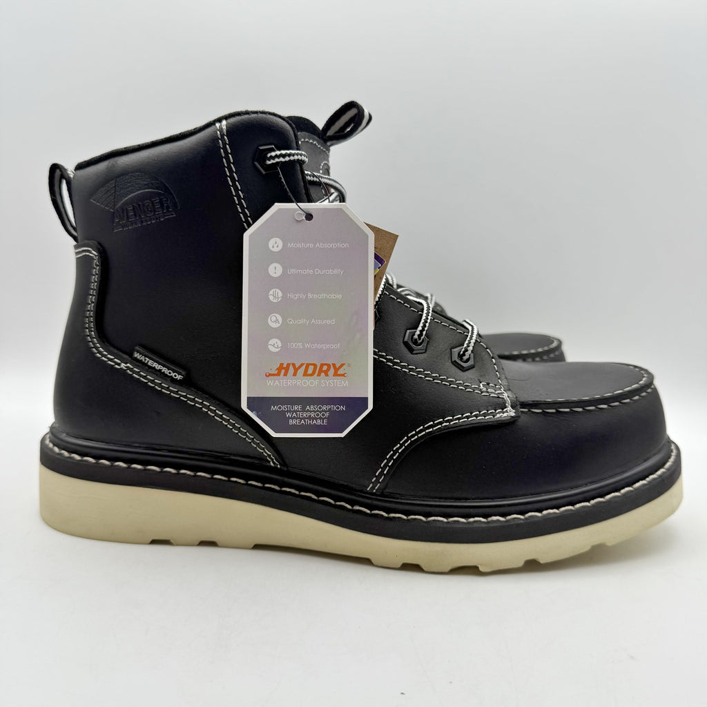 AVENGER Mens Wedge Moc Carbon Safety Toe Work Boots 7 Wide Black Leather WP NIB