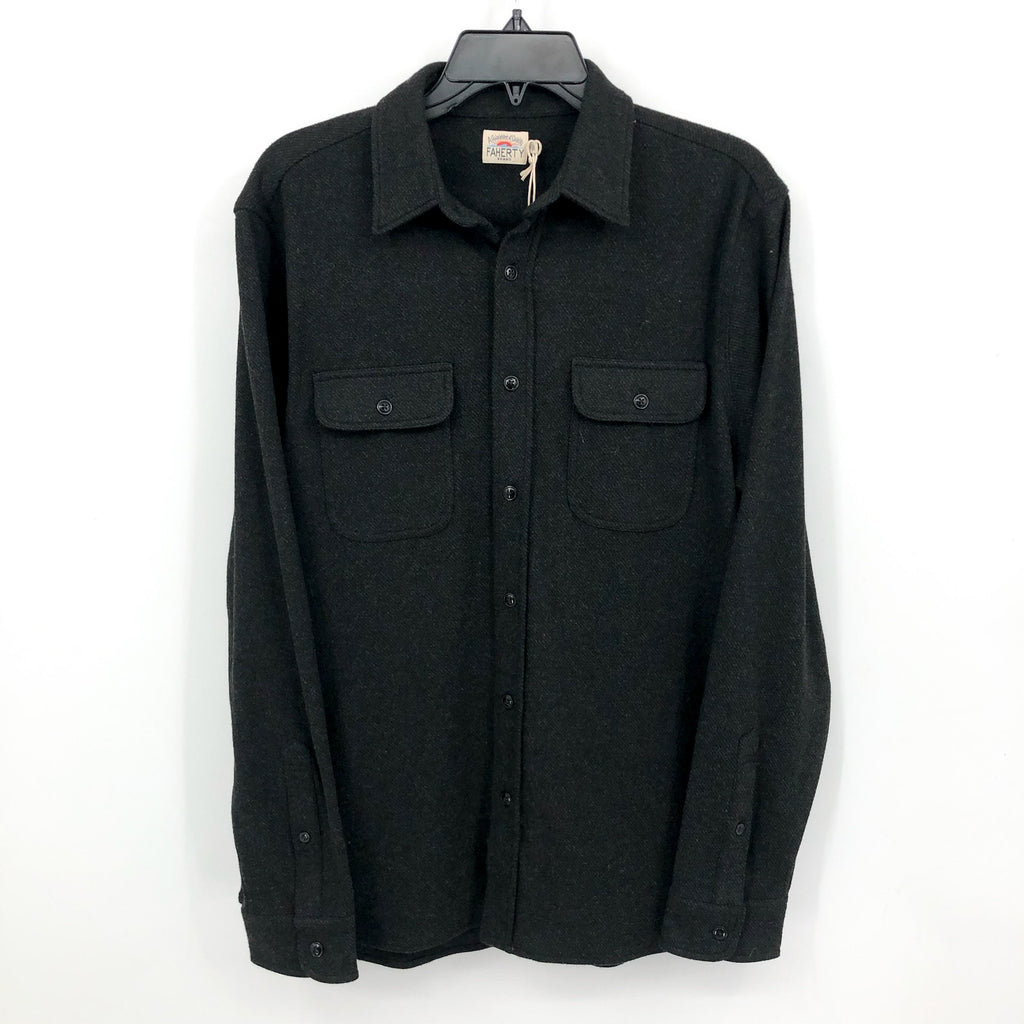 FAHERTY Men's Legend Sweater Shirt Medium Heathered Black Twill Long Sleeve NWT